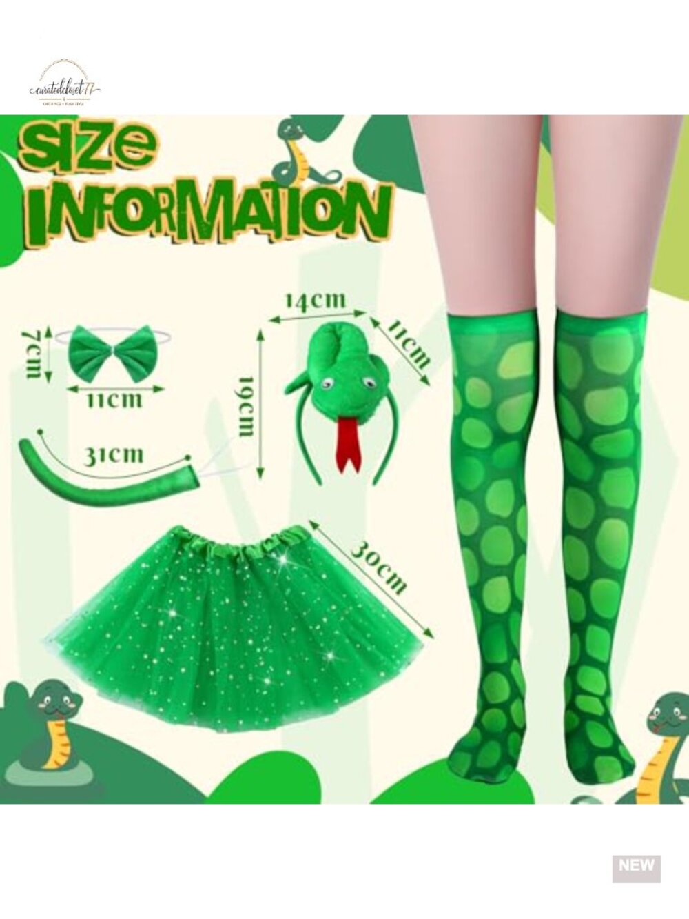 Girls Snake Halloween Costume Set Headband Tail Tutu 5pc - Picture 3 of 6